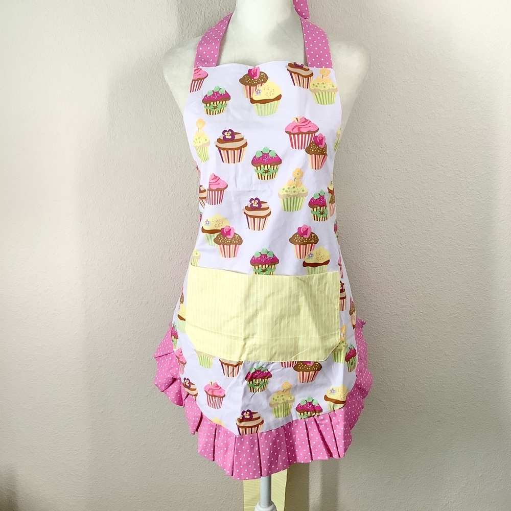 FLIRTY APRONS Novelty Cupcake Print Apron Ruffle Pockets Baker Pastry Chef Pink - Picture 2 of 9